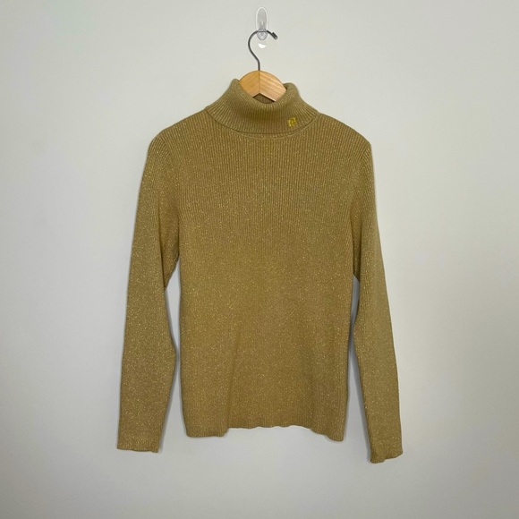 Lauren Ralph Lauren Metallic Gold Ribbed Turtleneck Sweater quiet luxury - Picture 6 of 11